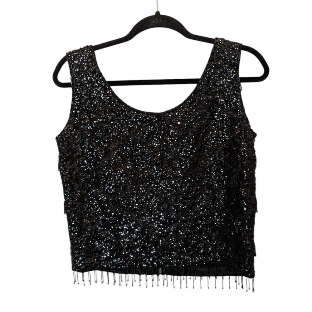 Vintage Levine's Sz M Black All Over JHand Beaded Cropped Wool Top Formal NYE